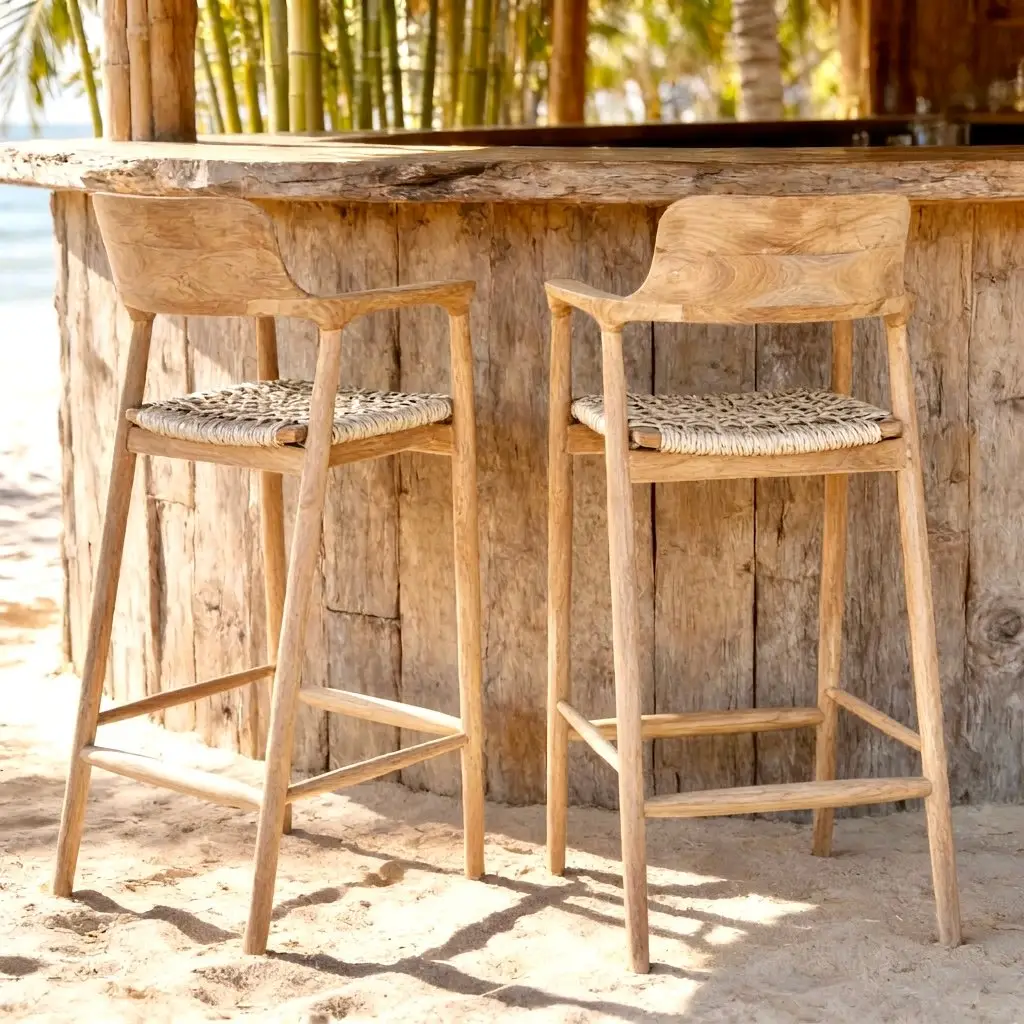 Oka bar, reclaimed teak bar stool with an enveloping backrest and grey rope seat