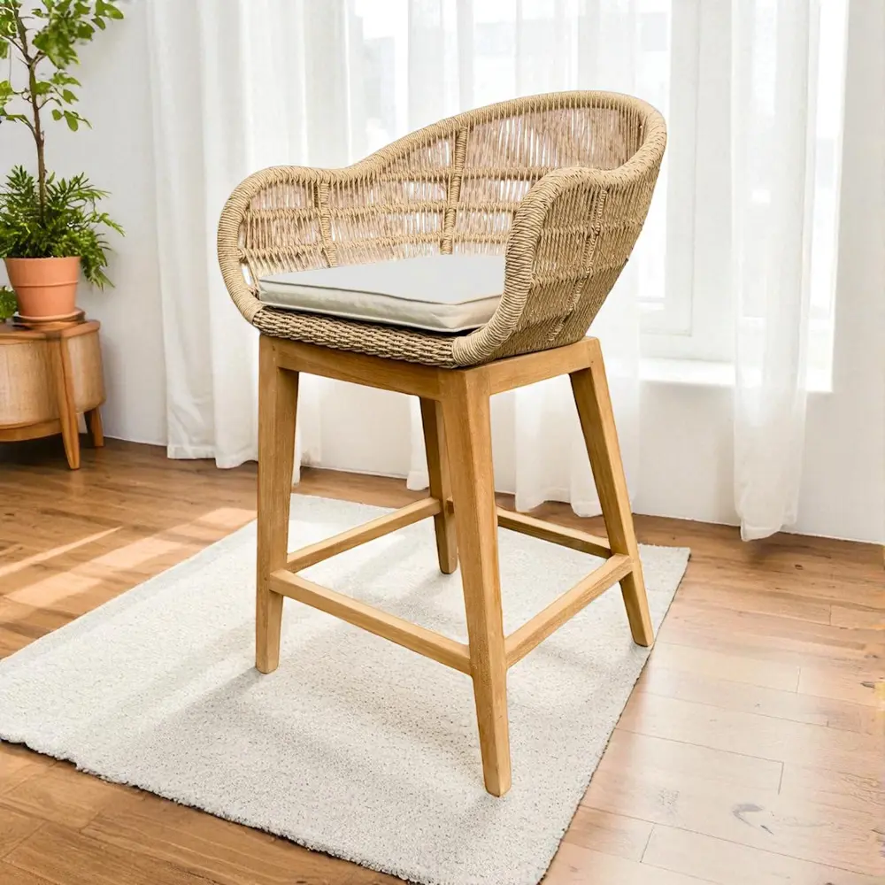 Sari bar, tabouret de bar en teck recyclé, haute coque tressée en cordage naturel