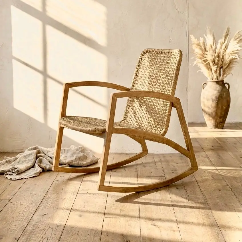Ayun, rocking-chair en teck, assise et dossier tressés en fibre synthétique