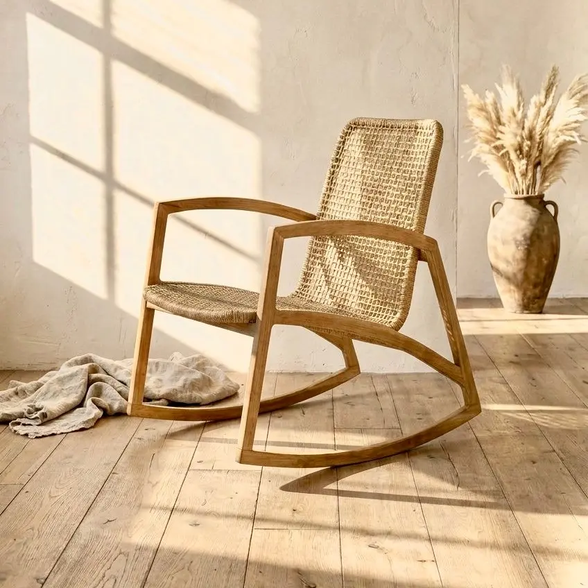 Ayun, rocking-chair en teck, assise et dossier tressés en fibre synthétique