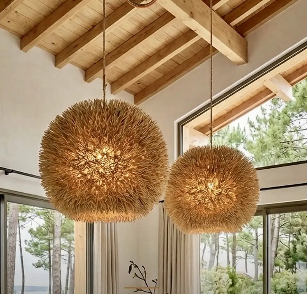 Helios 1 pendant light in light beige natural rattan fibres, a spiky sea urchin sphere