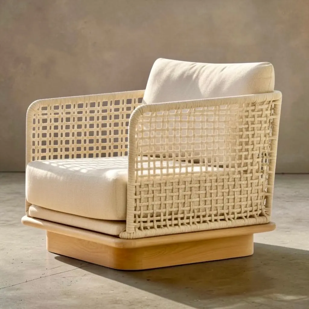 Puri, salon de jardin en teck et corde tressée avec table basse