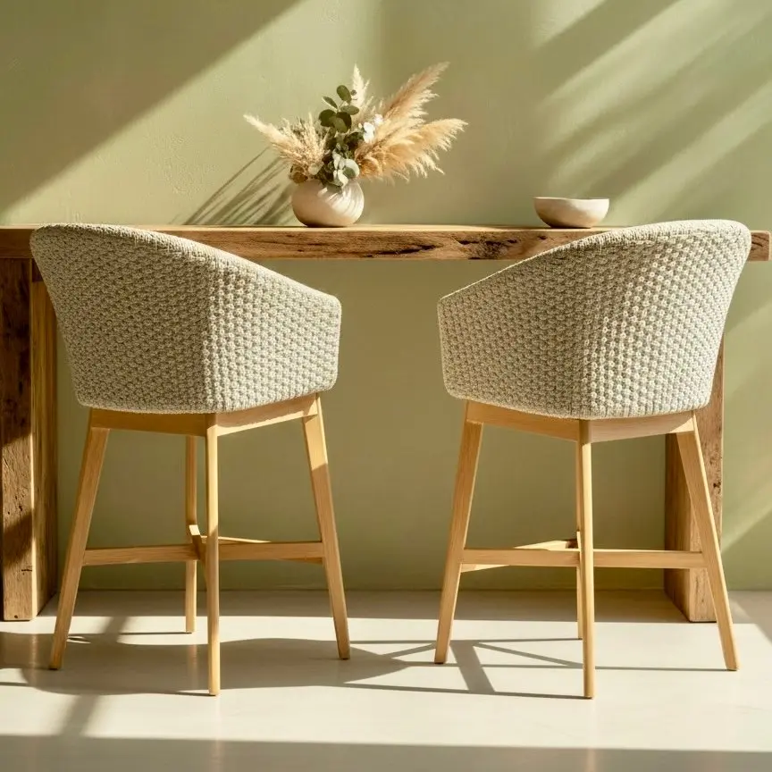 Luma bar, tabouret de bar en teck clair, dossier tonneau tressé gris et coussin beige