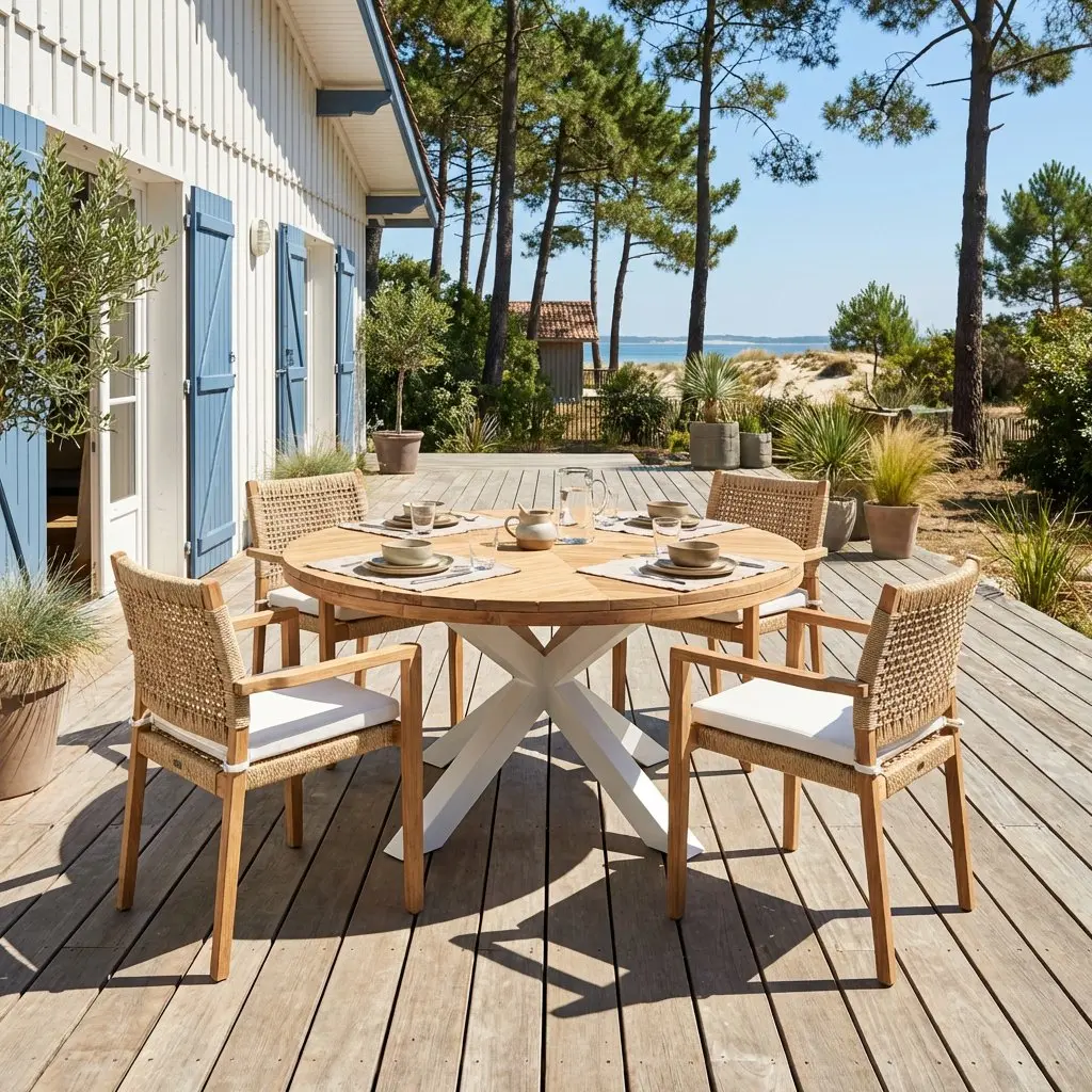 Soluna, table à manger ronde en teck et aluminium blanc