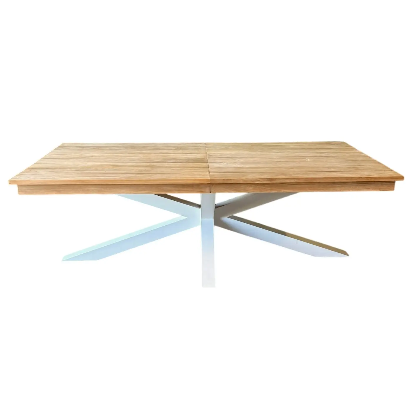Senjara, table à manger en teck clair avec rallonge (220-300 cm) et aluminium laqué blanc