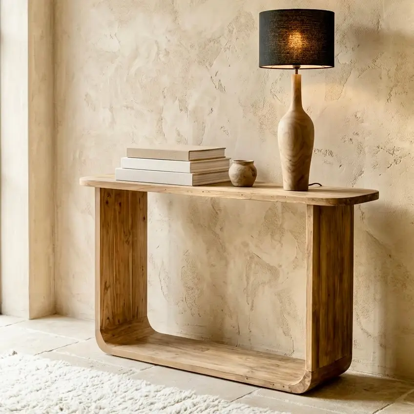 Bumi, console en teck recyclé brut aux bords arrondis avec tablette basse