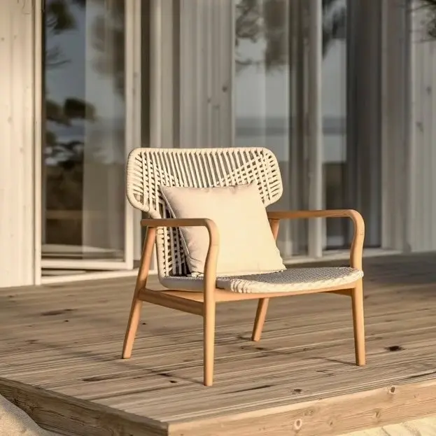Fauteuil lounge Sumba en teck massif clair, dossier en cordage écru tressé en chevron, coussin lombaire sable