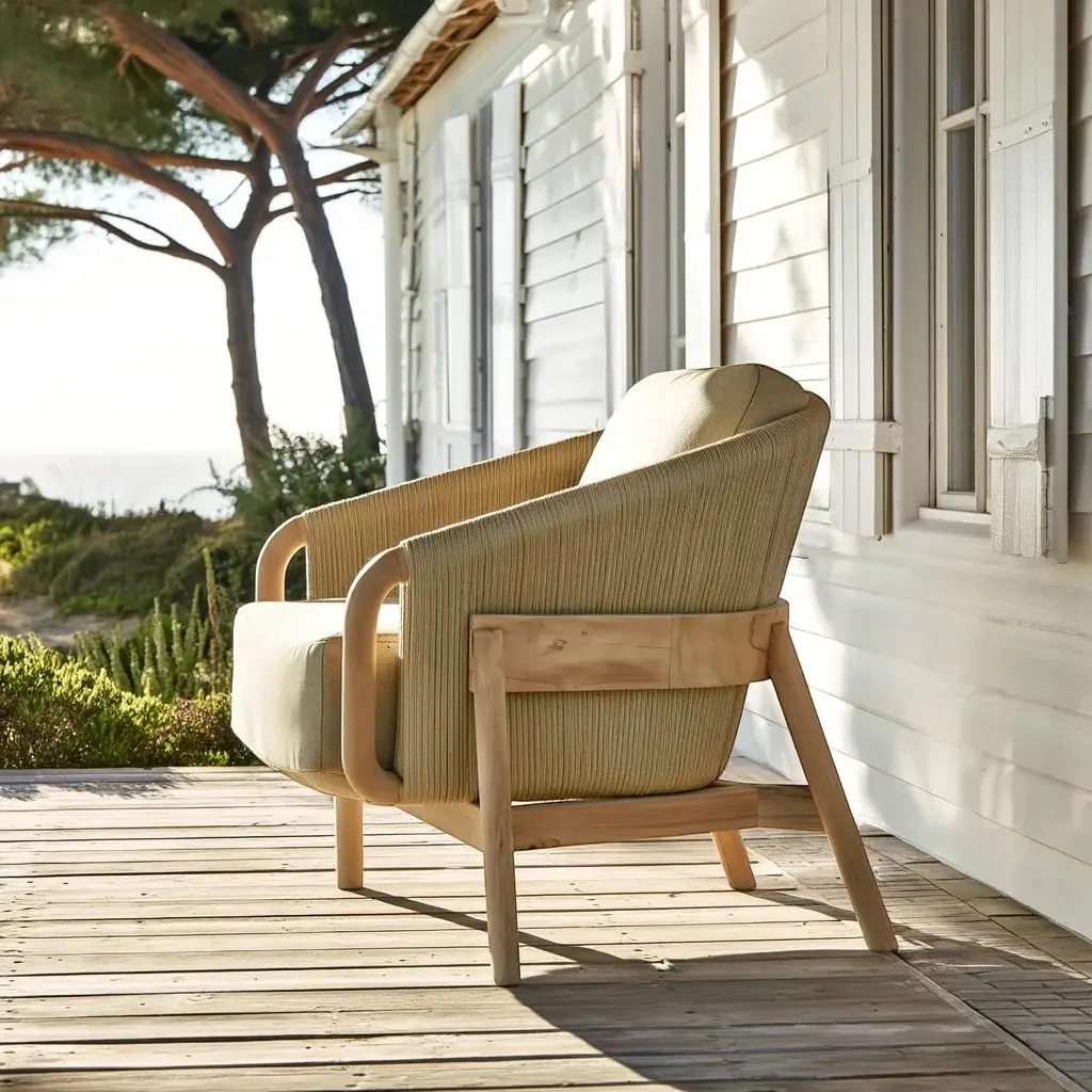 Fauteuil lounge Nalani en teck massif clair, dossier rond en cordage tressé kaki, coussins kaki