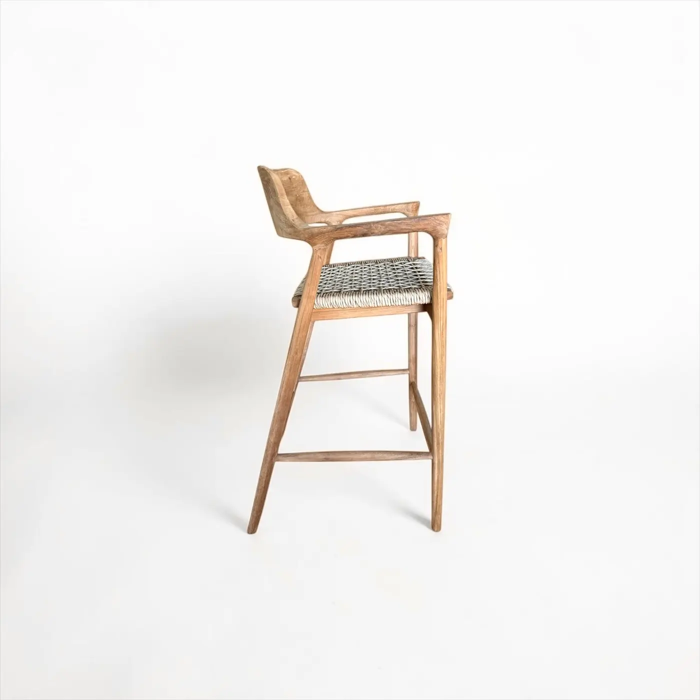 Oka bar, reclaimed teak bar stool with an enveloping backrest and grey rope seat