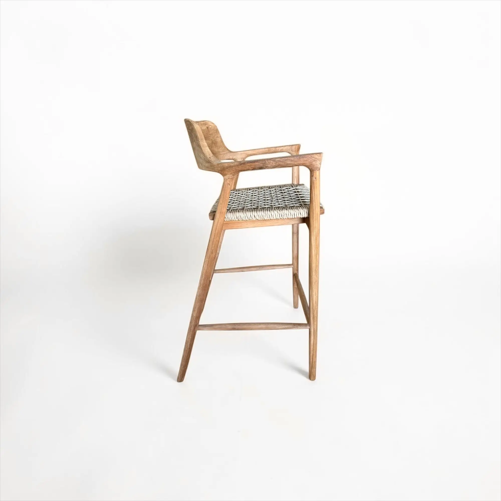 Oka bar, reclaimed teak bar stool with an enveloping backrest and grey rope seat