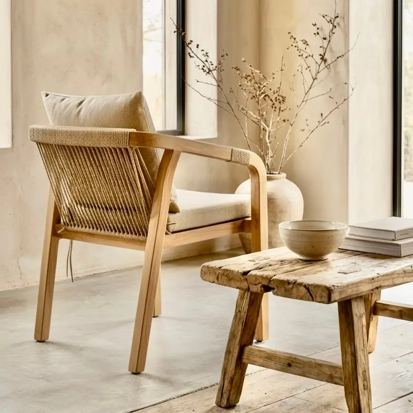 Nara, fauteuil de repas en teck massif à accoudoirs courbes, coussins greige gris clair