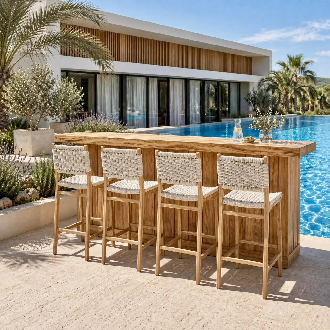 Andini-bar, chaise haute en teck massif et tressage synthétique