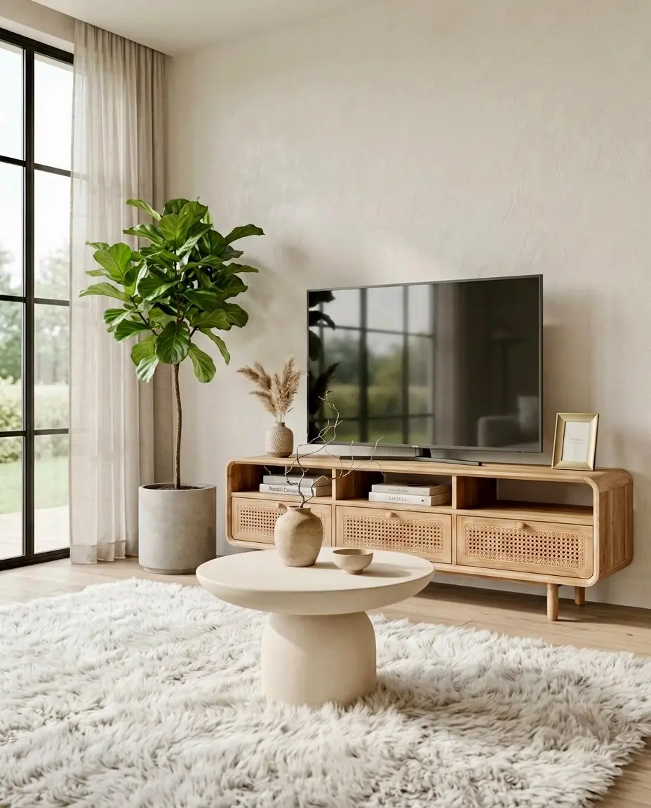 Cerah, meuble TV de 180 cm en teck avec tiroirs en cannage de rotin