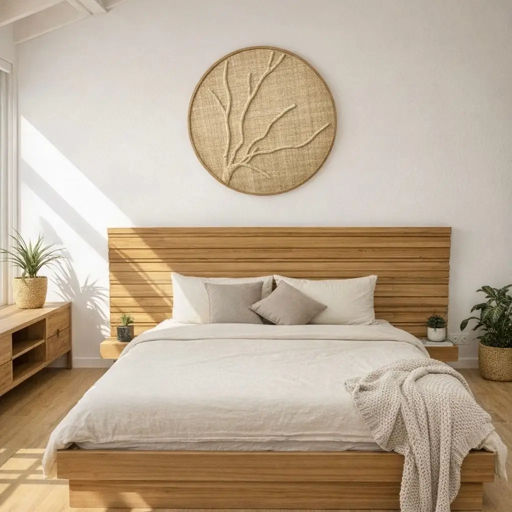 Ranting, round woven natural fibre wall panel with a branching twig in relief