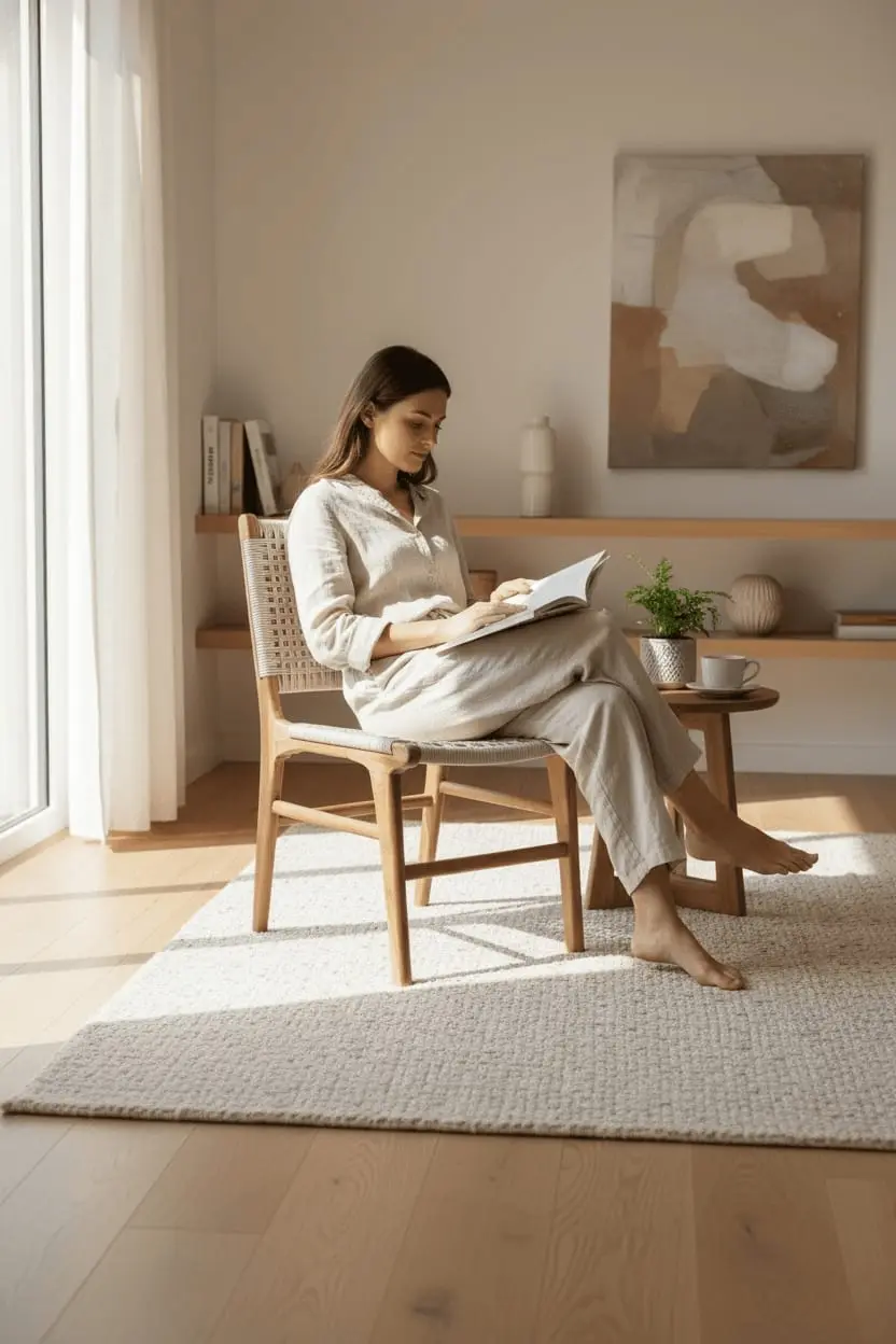 Andini, dans un séjour lumineux, une lectrice installée