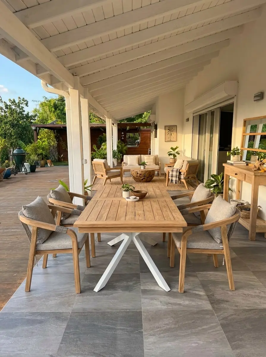 La même terrasse meublée par Balinaisa.ai, table et fauteuils de repas en teck