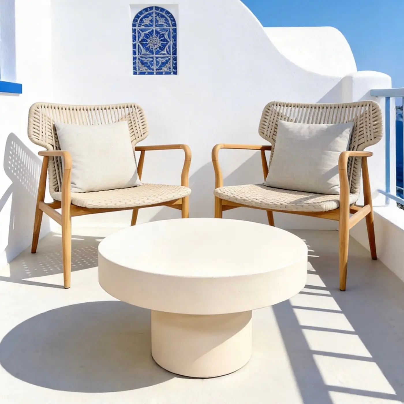 Fauteuil lounge Sumba en teck massif clair, dossier en cordage écru tressé en chevron, coussin lombaire sable