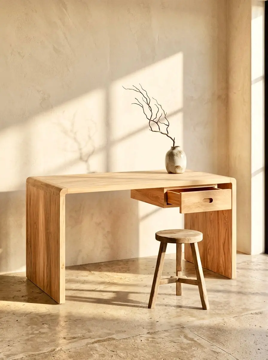 Noha, grand bureau en teck massif au design cascade