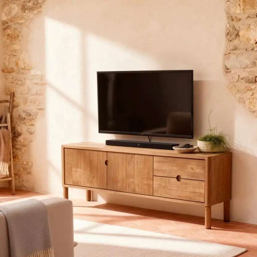 Meuble TV haut Peluk en teck recyclé, deux portes et deux tiroirs, pieds cylindriques