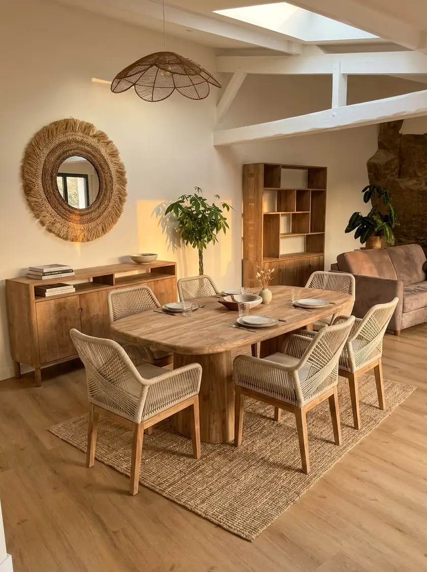 The same dining room furnished by Balinaisa.ai: Adika table, Lisa chairs, Cocon sideboard and bookcase, Mentari mirror