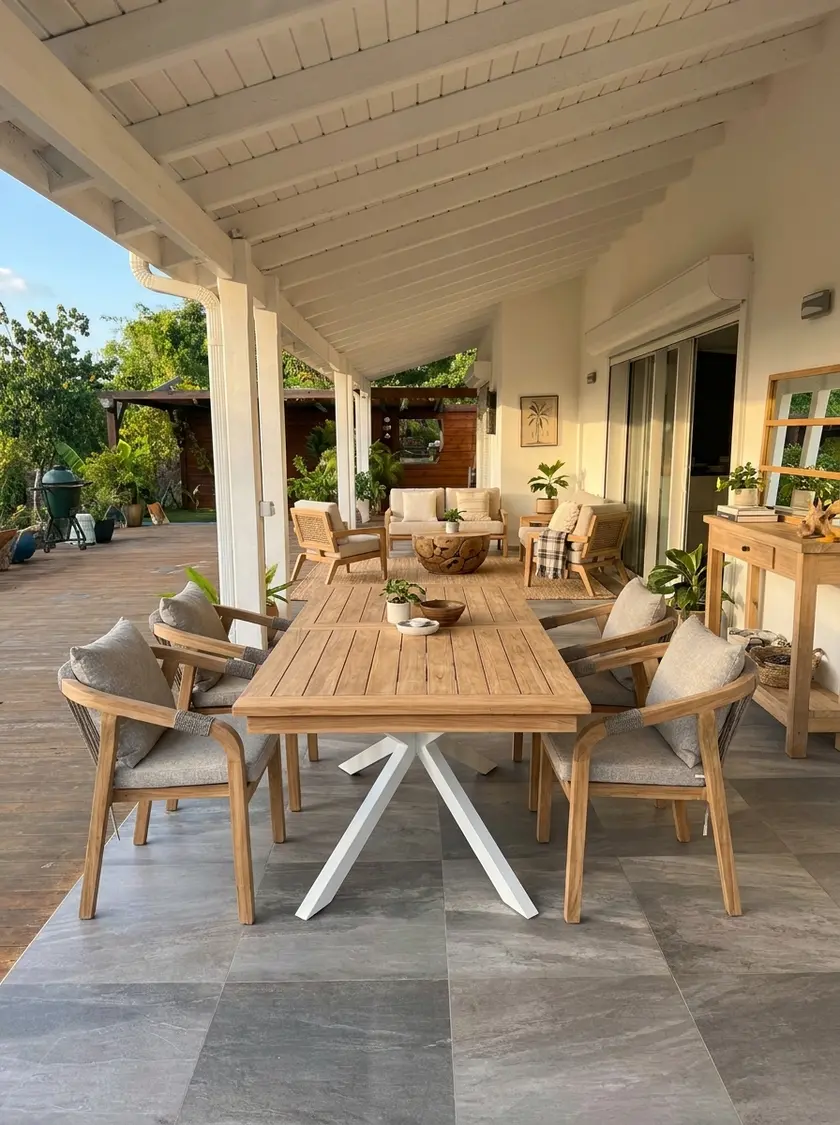 The same covered terrace furnished by Balinaisa.ai: Senjara table, dining armchairs, outdoor lounge set