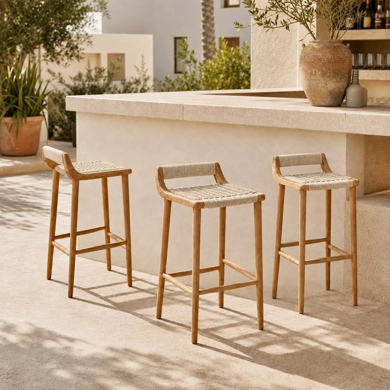 Dewi, tabouret de bar en teck recyclé, assise et dossier tressés