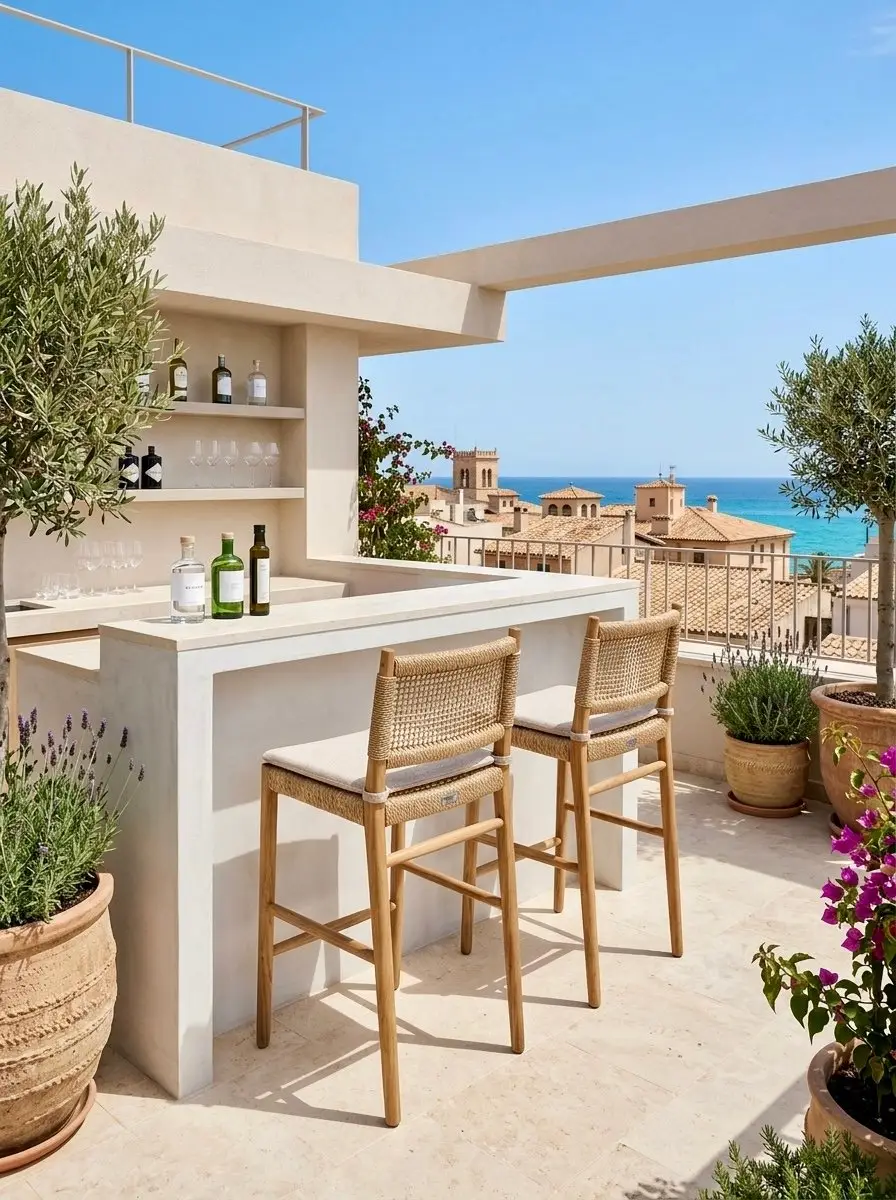 Lani bar, tabouret de bar haut en teck, dossier en cordage tressé et coussin écru