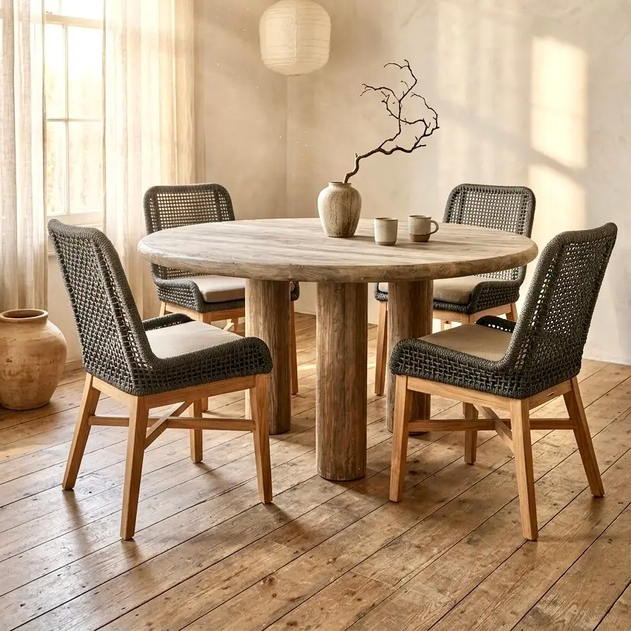 Bowo 150, table à manger ronde en teck recyclé patiné