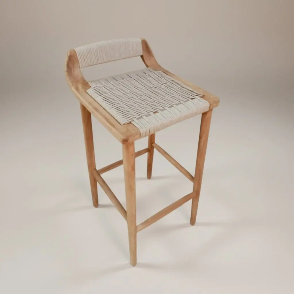 Dewi, tabouret de bar en teck recyclé, assise et dossier tressés