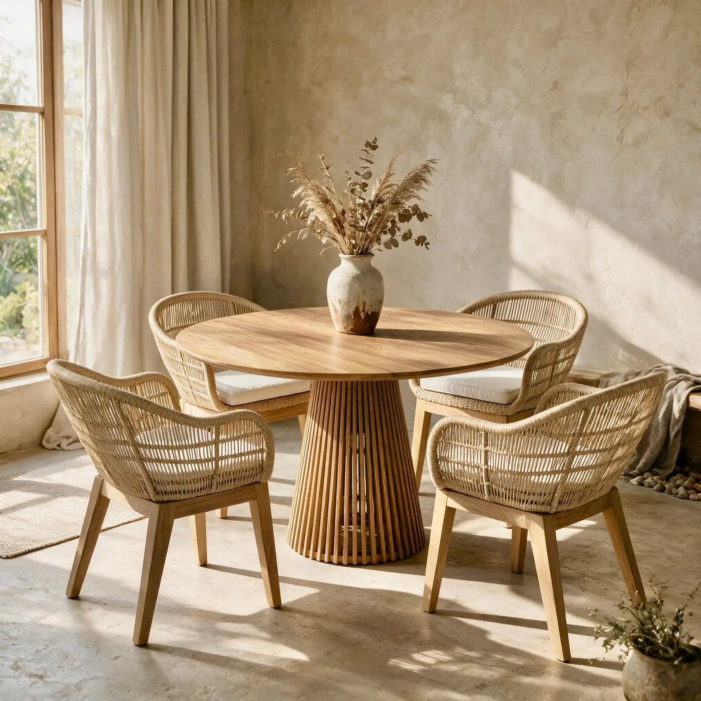 Sari, chaise de repas en teck massif, dossier arrondi en cordage synthétique beige