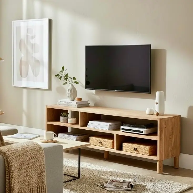 Meuble TV ouvert Sanggar en teck recyclé, plateau épais, quatre niches, pieds cylindriques courts