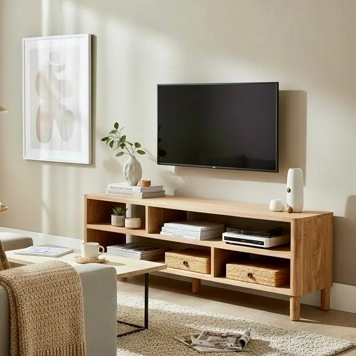 Meuble TV ouvert Sanggar en teck recyclé, plateau épais, quatre niches, pieds cylindriques courts