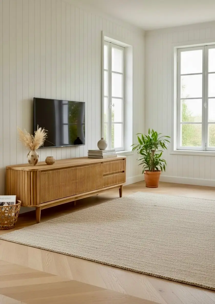 Meuble TV Reza 160 cm en teck massif, façade cannelée, deux portes et deux tiroirs