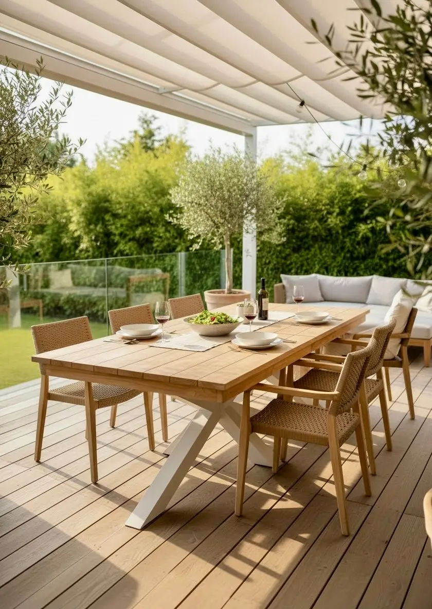 Senjara, table à manger en teck clair avec rallonge (220-300 cm) et aluminium laqué blanc
