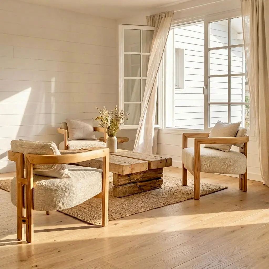 Fauteuil lounge Bayou en teck massif clair, cordage gris et coussins clairs