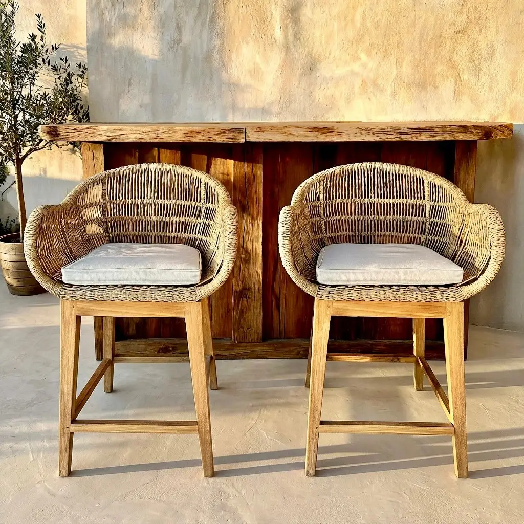 Sari bar, tabouret de bar en teck recyclé, haute coque tressée en cordage naturel