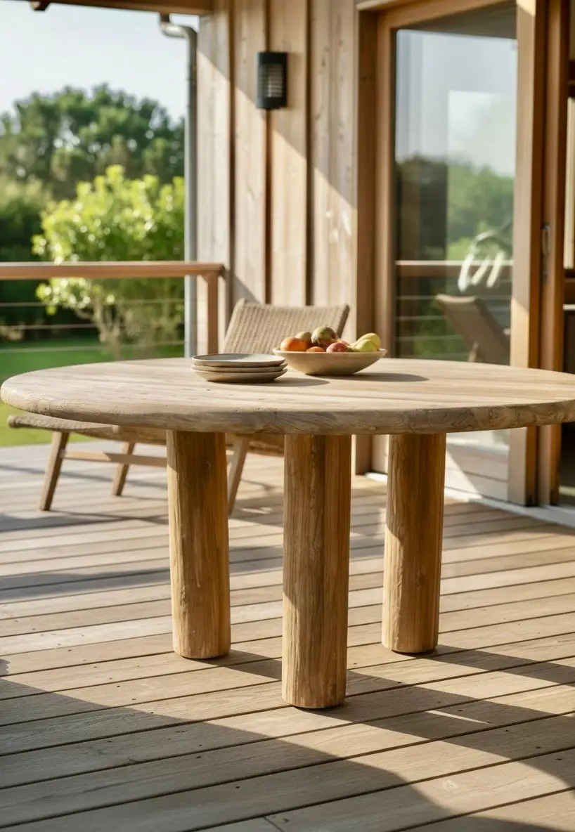 Bowo 150, table à manger ronde en teck recyclé patiné