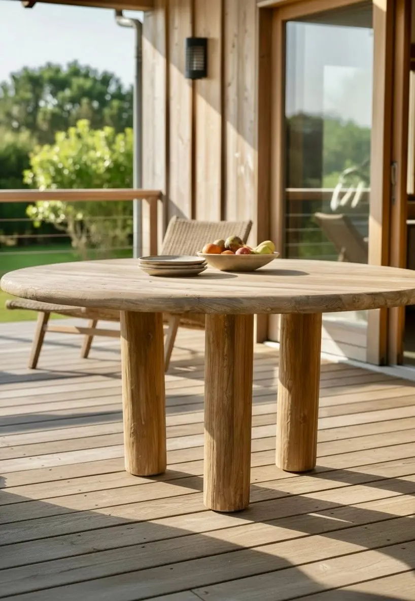 Bowo 150, table à manger ronde en teck recyclé patiné