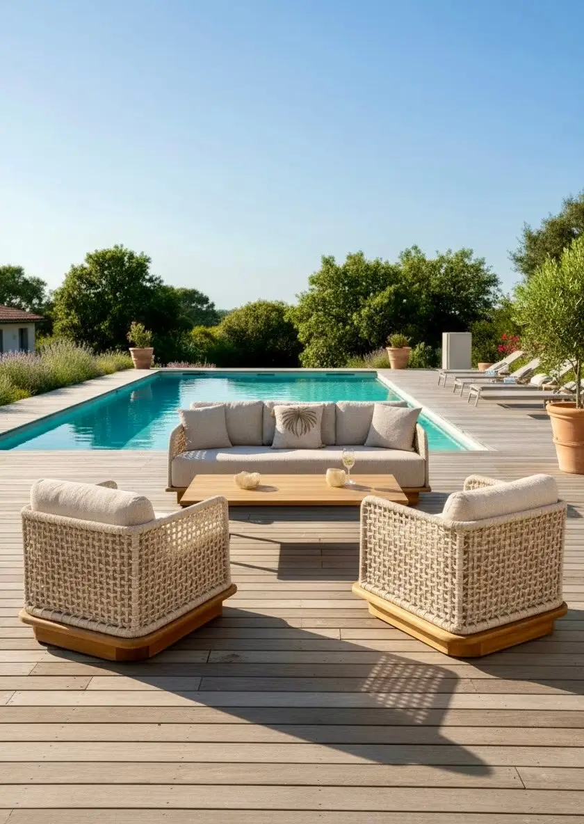 Puri, salon de jardin en teck et corde tressée avec table basse