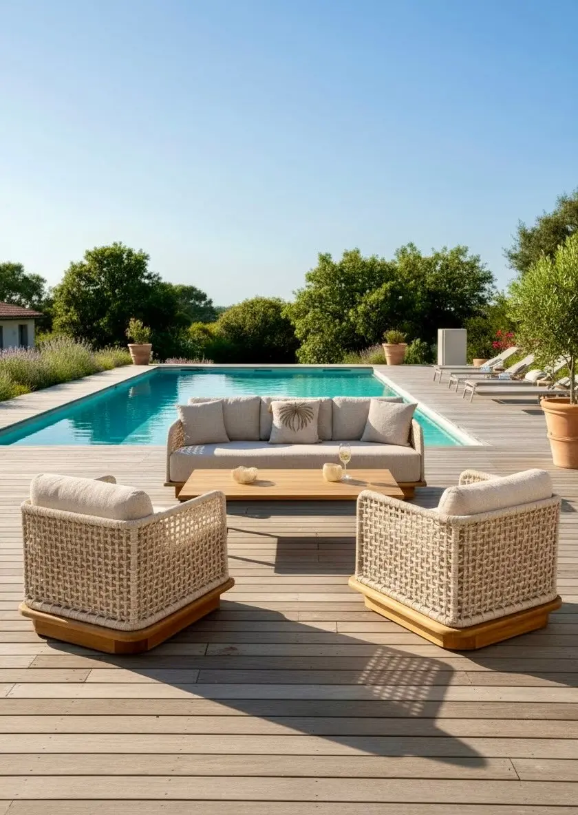 Puri, salon de jardin en teck et corde tressée avec table basse