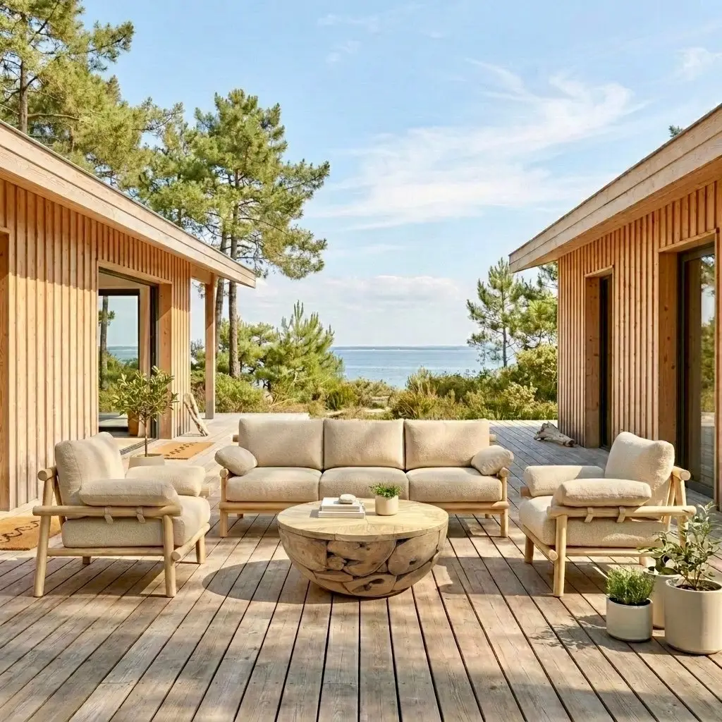 Lovina, salon de jardin en rondins de teck avec sofa et fauteuils