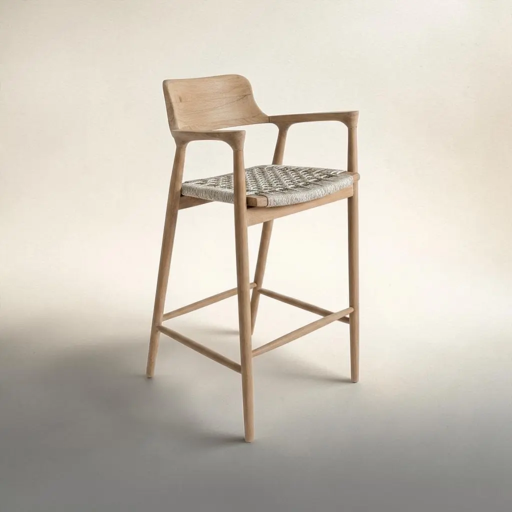 Oka bar, reclaimed teak bar stool with an enveloping backrest and grey rope seat
