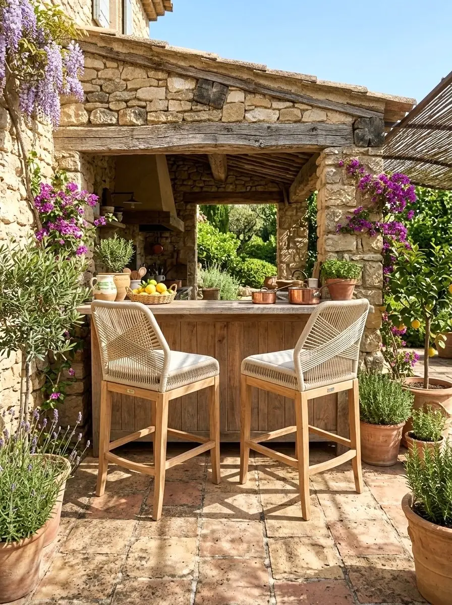 Lisa bar, tabouret de bar en teck clair, dossier et assise en cordage beige