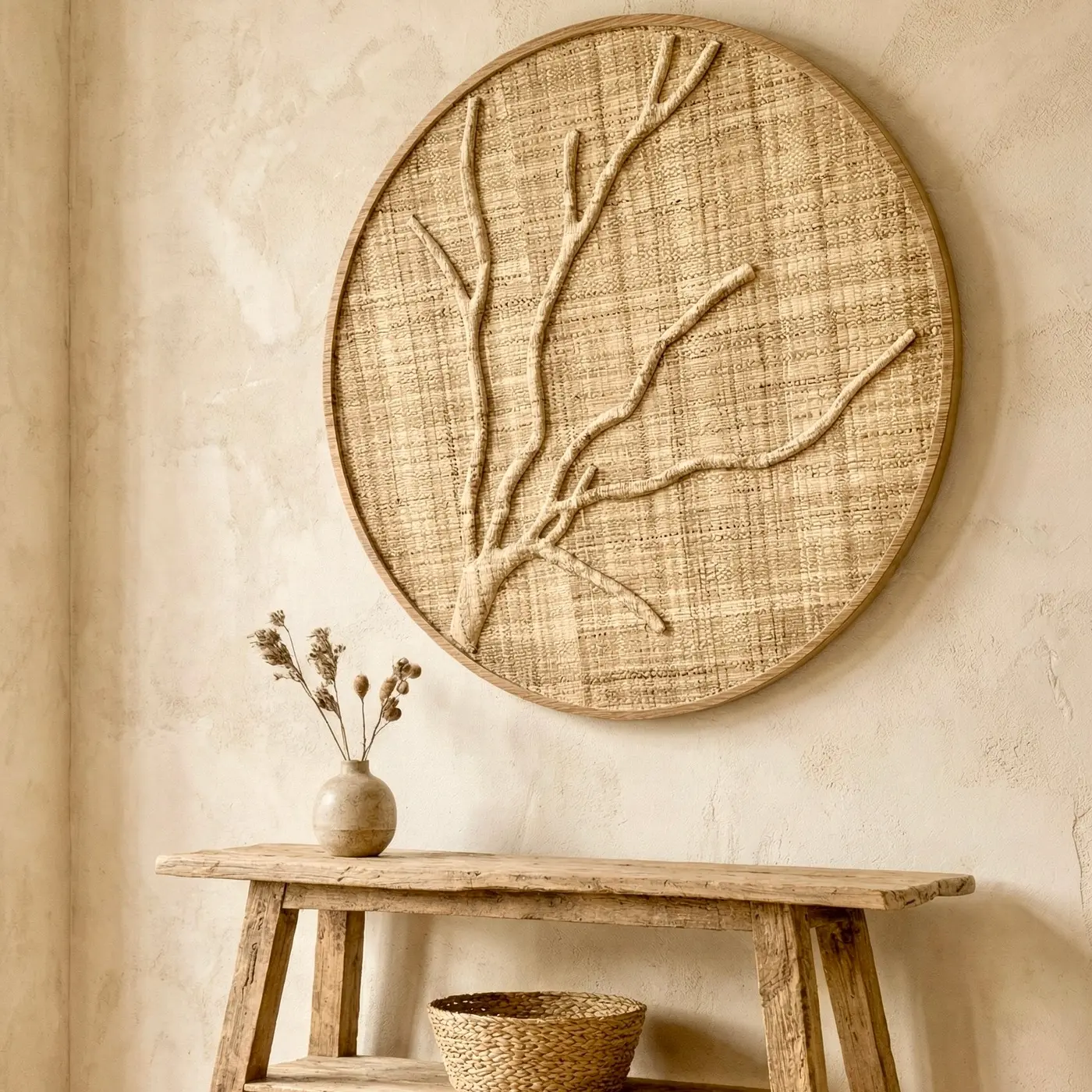 Ranting, round woven natural fibre wall panel with a branching twig in relief
