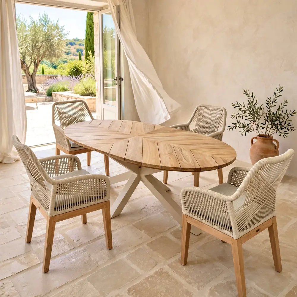 Lisa, chaise de repas en teck massif, dossier en cordage beige, coussin crème sable