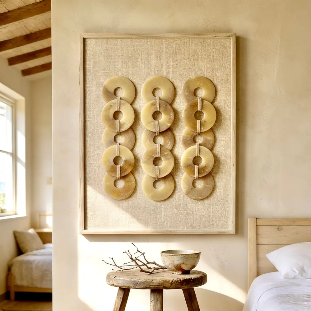 Purnama, ecru linen wall panel with three columns of pearlescent resin discs
