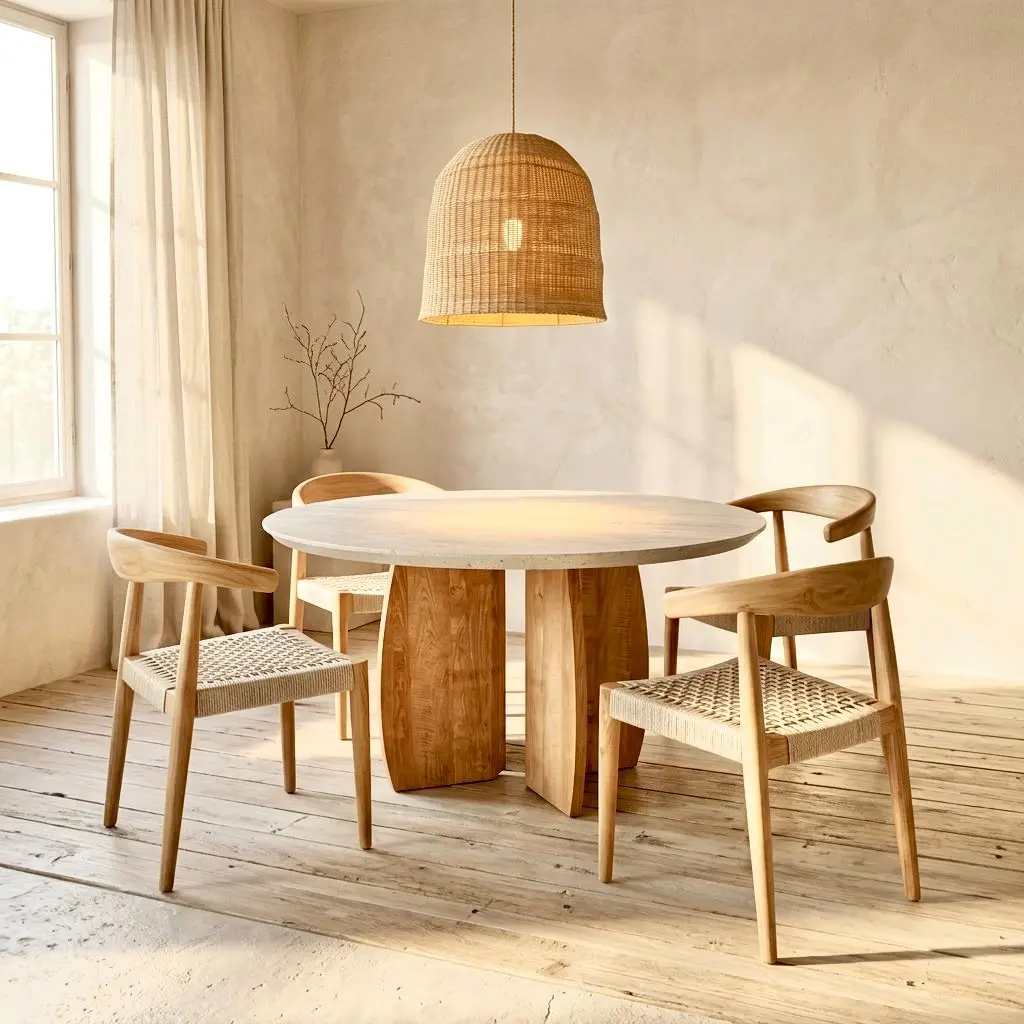 Bulan, table à manger ronde en terrazzo beige et teck recyclé