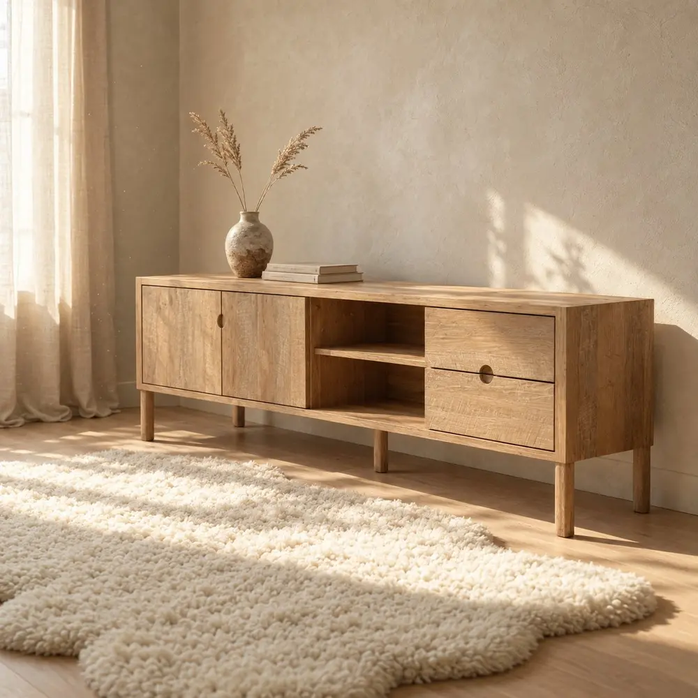 Hangat long TV unit in reclaimed teak on tapered legs, doors, drawer and two open niches