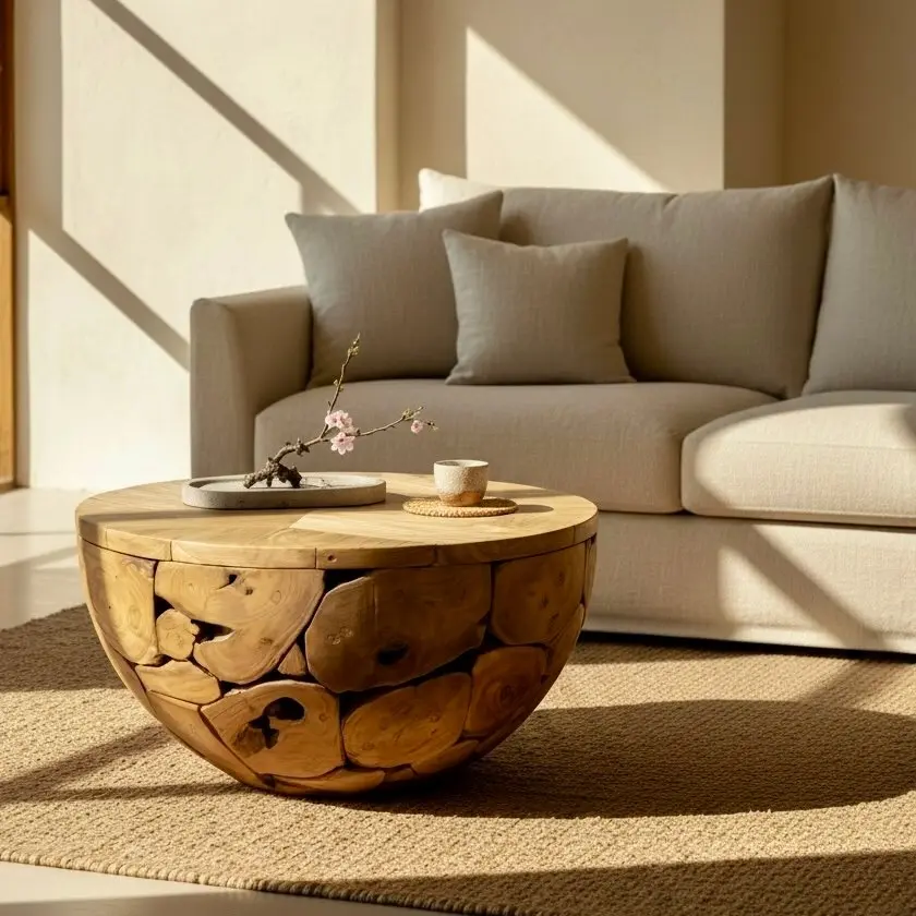 Borneo, table basse ronde en teck recyclé et racine de teck