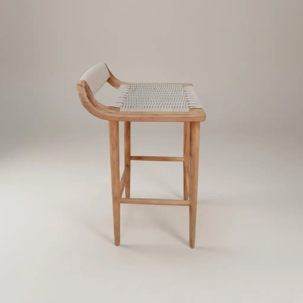 Dewi, tabouret de bar en teck recyclé, assise et dossier tressés